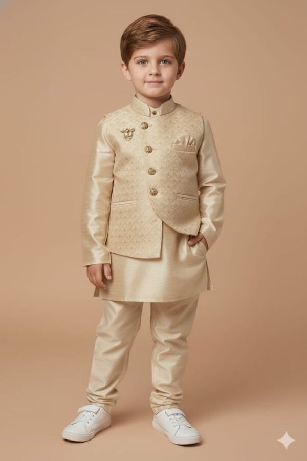 Elegant Cream Silk Waistcoat & Kurta Set (Size 4-5 Years)