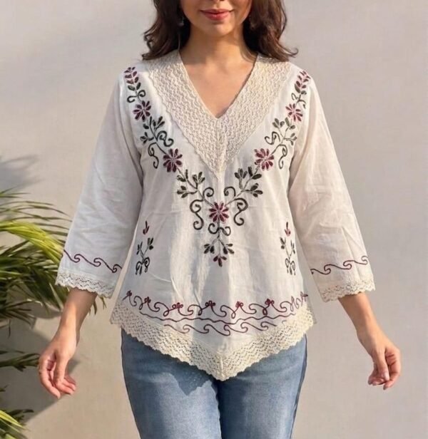 White Embroidered Cotton Top for Women