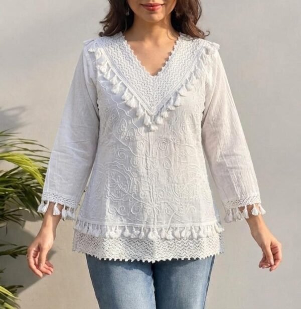 White Embroidered Cotton Top for Women